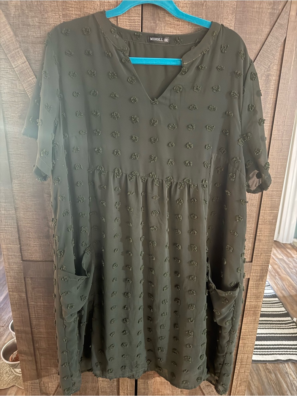Miholl XXL Olive Green Textured Shift Dress with pockets